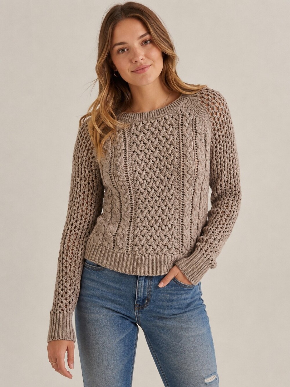 American Eagle Outfitters Taupe Cable & Openwork Crewneck Sweater